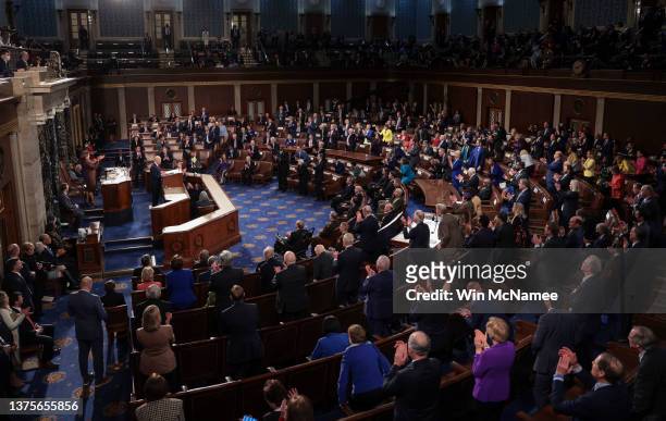 President Joe Biden delivers the State of the Union address during a joint session of Congress in the U.S. Capitol's House Chamber March 01, 2022 in...