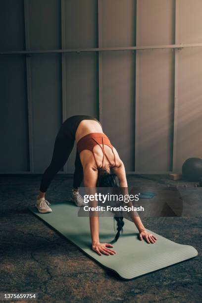 anonymous caucasian woman in a downward facing dog position on a yoga mat - downward facing dog position stock pictures, royalty-free photos & images