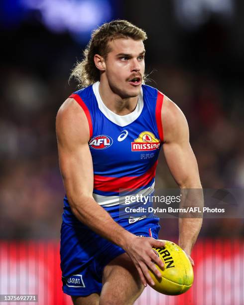 Bailey Smith of the Bulldogs in action during the 2023 AFL Round 16 match between the Western Bulldogs and the Fremantle Dockers at Marvel Stadium on...