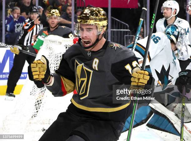 Reilly Smith of the Vegas Golden Knights reacts after scoring a second-period goal against the San Jose Sharks during their game at T-Mobile Arena on...