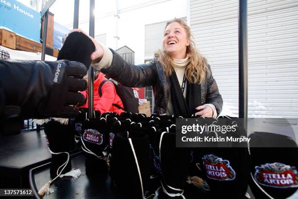 Sarah Williams hands out Stella Artois glasses at the Sundance House Giveaway by Stella Artois during the 2012 Sundance Film Festival held at...