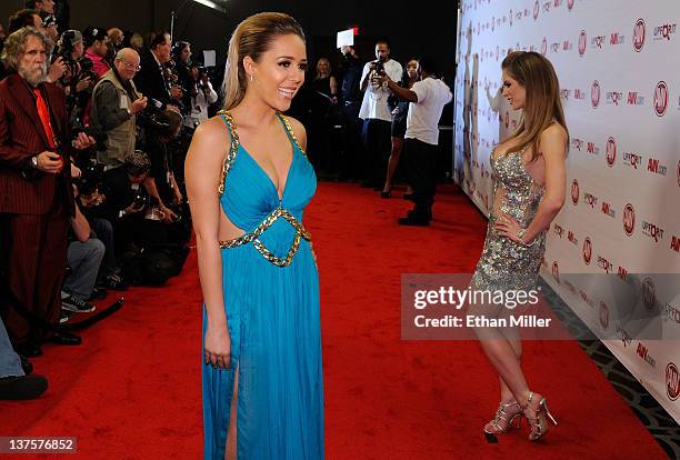 Adult film actresses Ella Milano and Emily Addison arrive at the 29th annual Adult Video News Awards Show at the Hard Rock Hotel & Casino January 21,...