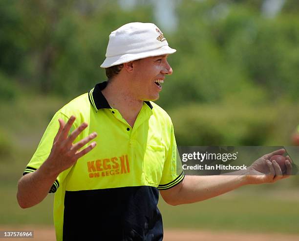 Ryan O'Leary from the team 'Kegs On Legs XI' shares a joke with teammates during the 2012 Goldfield Ashes cricket competition on January 22, 2012 in...