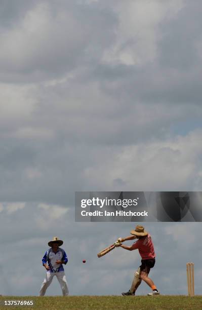 Competitor plays a pull shot during the 2012 Goldfield Ashes cricket competition on January 21, 2012 in Charters Towers, Australia. Every year the...