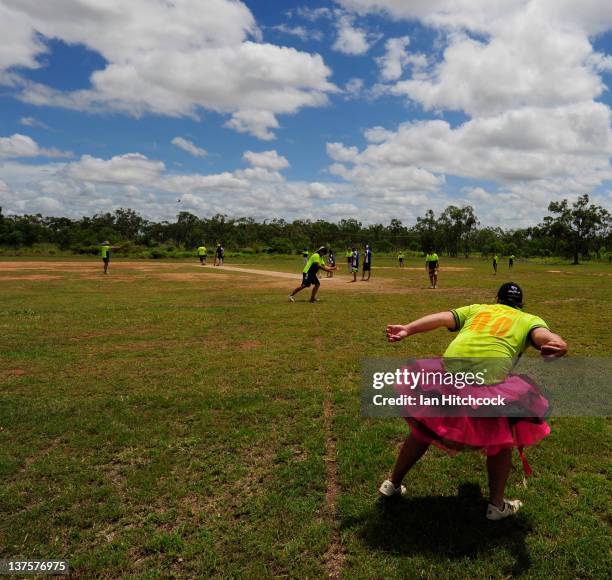 Paul Crow from the team 'Kegs On Legs XI' fileds the ball during the 2012 Goldfield Ashes cricket competition on January 22, 2012 in Charters Towers,...