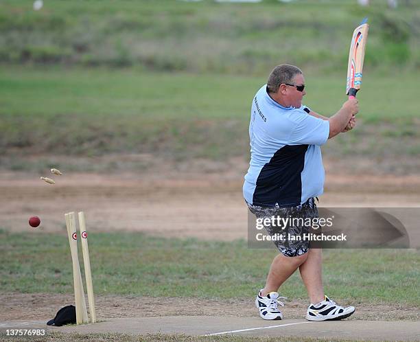 Player from the team 'Wannabies' is bowled during the 2012 Goldfield Ashes cricket competition on January 21, 2012 in Charters Towers, Australia....