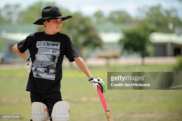 Cameron Sheahan from the team 'Hidden Talent' looks on during batting during the 2012 Goldfield Ashes cricket competition on January 22, 2012 in...