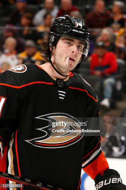 Jamie Drysdale of the Anaheim Ducks skates during the game against the Boston Bruins at Honda Center on March 1, 2022 in Anaheim, California.