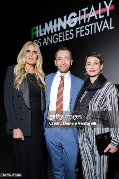 Tiziana Rocca, Emanuele Amendola and Consul of Italy Silvia Chiave attend the 7th edition of the Filming Italy Los Angeles 2022 at Harmony Gold on...