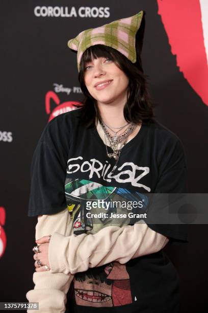 Billie Eilish attends the world premiere of Disney and Pixar's Turning Red at El Capitan Theatre in Hollywood, California on March 01, 2022 to...