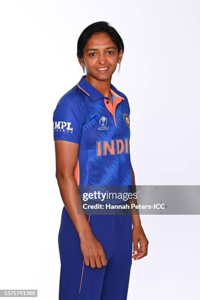 Harmanpreet Kaur of India poses during an India squad portrait session ahead of the 2022 ICC Cricket World Cup at Orangetheory Stadium on February...