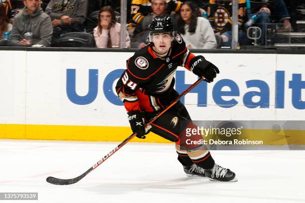 Jamie Drysdale of the Anaheim Ducks skates during the game against the Boston Bruins at Honda Center on March 1, 2022 in Anaheim, California.