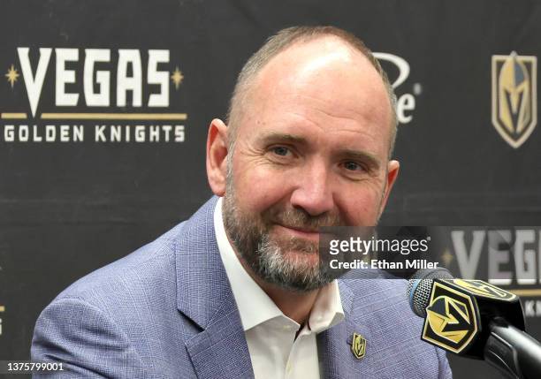 Head coach Peter DeBoer of the Vegas Golden Knights smiles during a news conference after a game against the San Jose Sharks at T-Mobile Arena on...