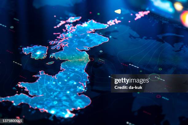 map of uk on digital display - britain stockfoto's en -beelden