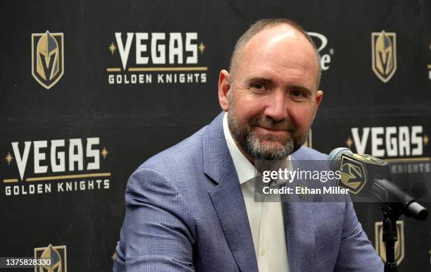 Head coach Peter DeBoer of the Vegas Golden Knights smiles during a news conference after a game against the San Jose Sharks at T-Mobile Arena on...