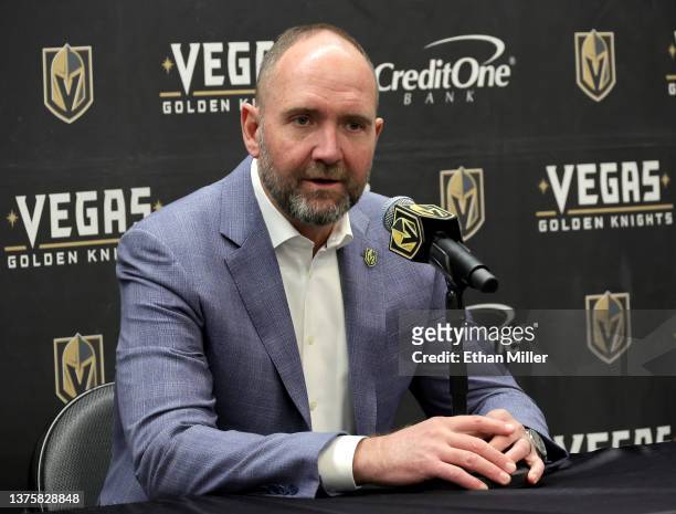 Head coach Peter DeBoer of the Vegas Golden Knights speaks during a news conference after a game against the San Jose Sharks at T-Mobile Arena on...