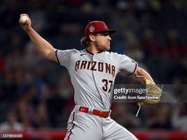 Arizona Diamondbacks pitcher Kevin Ginkel pitching during an MLB baseball game against the Los Angeles Angels played on June 30, 2023 at Angel...