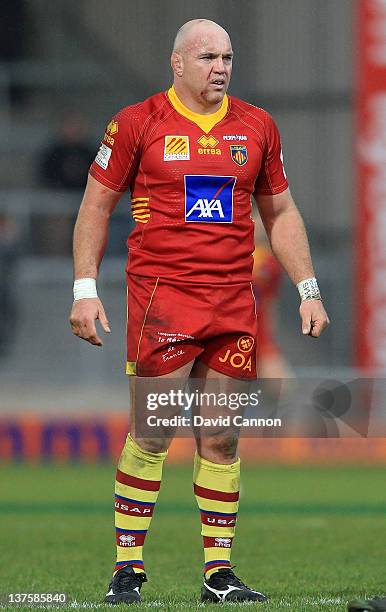 Perry Freshwater of Perpignan during the Amlin Challenge Cup match between Exeter Chiefs and Perpignan at Sandy Park on January 21, 2012 in Exeter,...