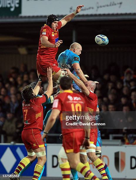 Gerrie Britz of Perpignan in line out action during the Amlin Challenge Cup match between Exeter Chiefs and Perpignan at Sandy Park on January 21,...