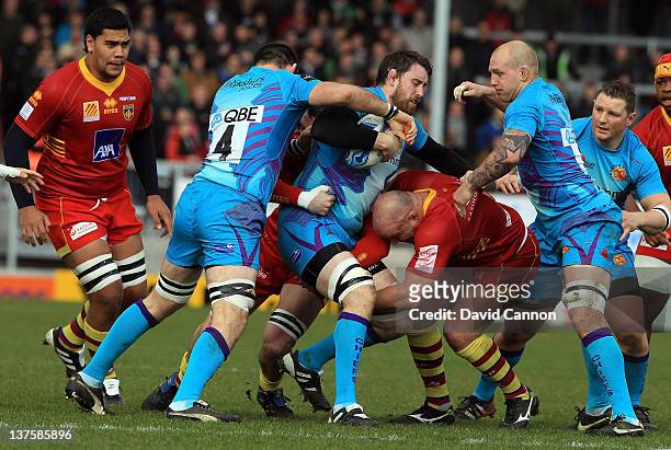 Aly Muldowny of Exeter Chiefs carrying the ball during the Amlin Challenge Cup match between Exeter Chiefs and Perpignan at Sandy Park on January 21,...