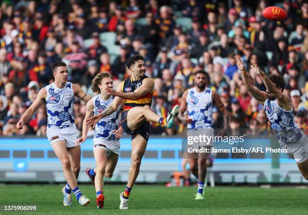 Izak Rankine of the Crows kicks a goal during the 2023 AFL Round 16 match between the Adelaide Crows and the North Melbourne Kangaroos at Adelaide...