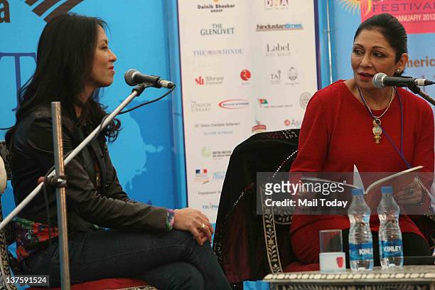 American author Amy Chua smiles during a conversation with Indian journalist Madhu Trehan on her book "Tiger Mothers" during DSC Jaipur Literature...