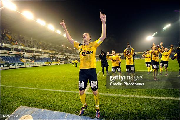 Killian Overmeire of Sporting Lokeren OVL celebrates the victory after the Cofidis Cup quarter-final match between KAA Gent and Sporting Lokeren in...