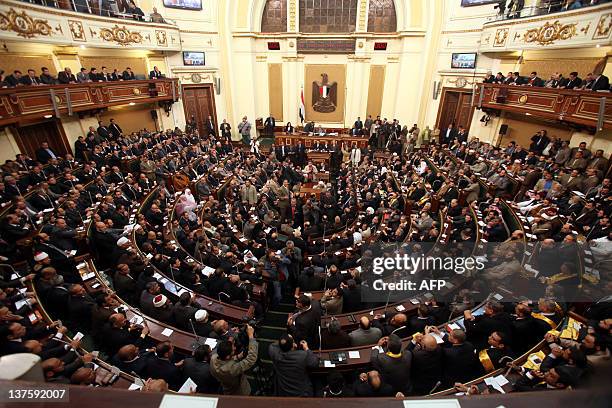 Egypt's newly elected parliament meets for its first session in Cairo on January 23, 2012. Islamist MPs took centre stage as Egypt's parliament met...