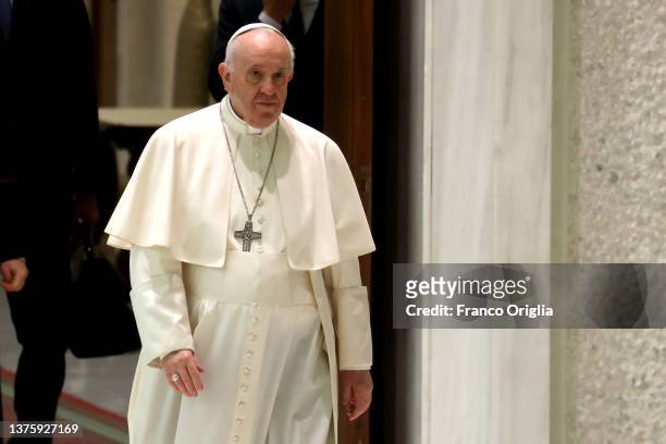 Pope Francis attends his weekly general audience at the Paul VI Hall on March 02, 2022 in Vatican City, Vatican. Pope Francis renewed his invitation...