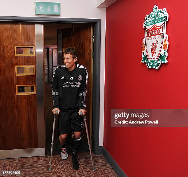 Lucas Leiva of Liverpool arrives at Melwood training ground for the first time since his injury on January 23, 2012 in Liverpool, England.