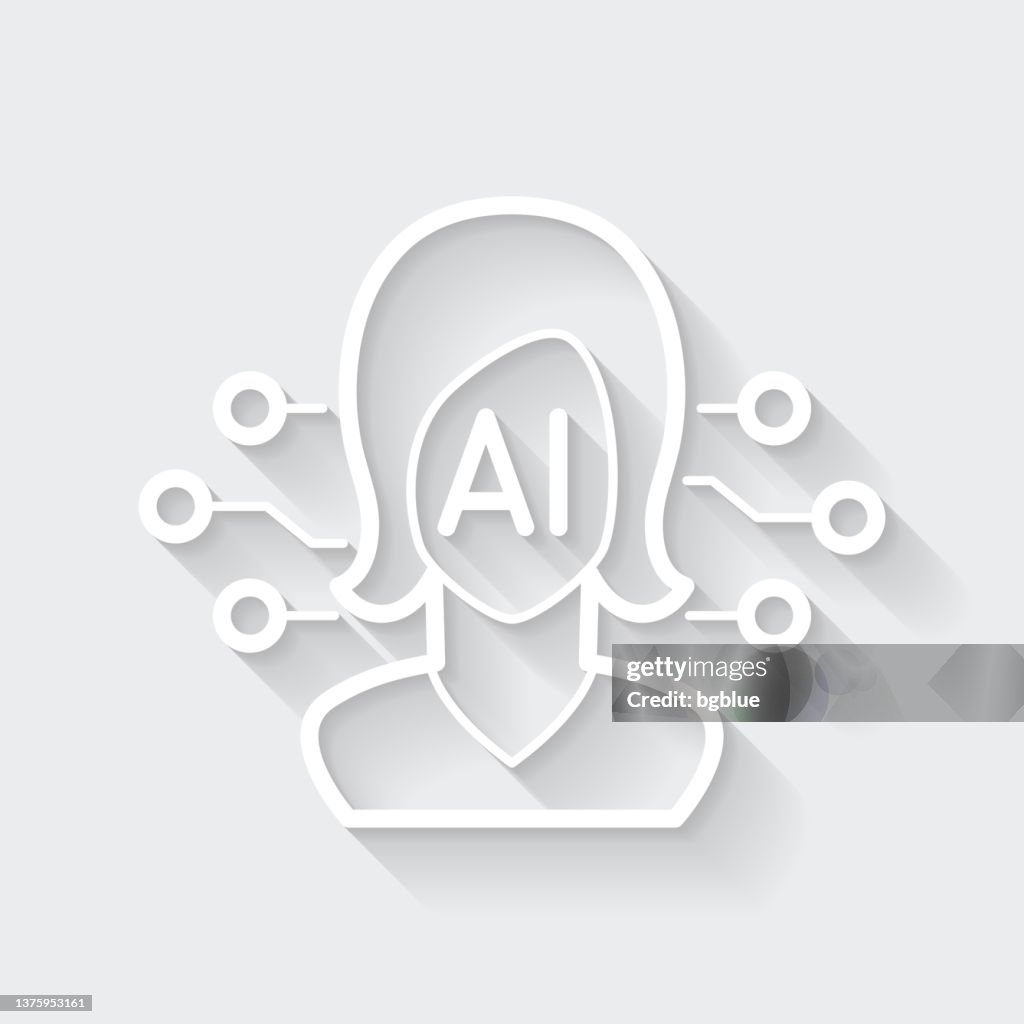 Artificial intelligence AI with female face. Icon with long shadow on blank background - Flat Design