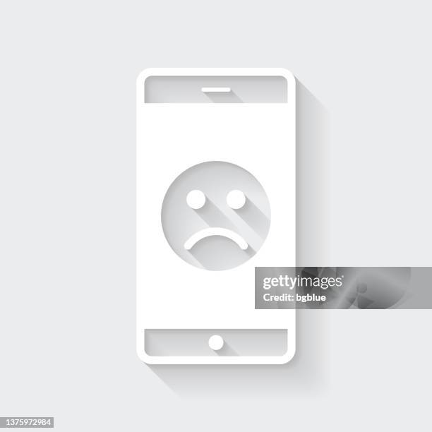 stockillustraties, clipart, cartoons en iconen met smartphone with sad emoji. icon with long shadow on blank background - flat design - disappointing phone