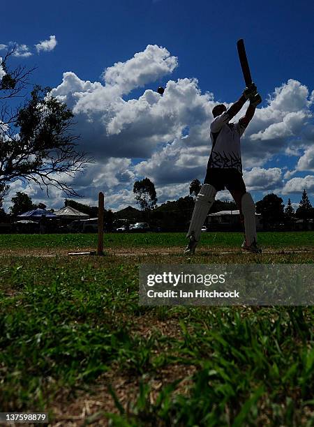 Paul Grey from the team 'Goat Herders' bats during the 2012 Goldfield Ashes cricket competition on January 21, 2012 in Charters Towers, Australia....