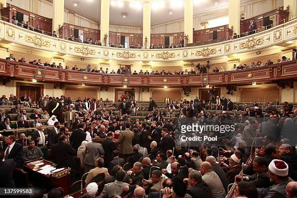 General view for the first Egyptian parliament session after the revolution that ousted former President Hosni Mubarak, January 23, 2012 in Cairo,...