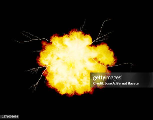 electric explosion of smoke and fire with lightning on a black background - fireball stock pictures, royalty-free photos & images