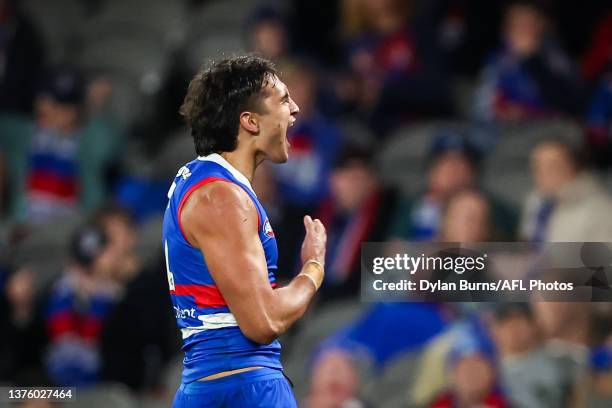 Jamarra Ugle-Hagan of the Bulldogs celebrates a goal during the 2023 AFL Round 16 match between the Western Bulldogs and the Fremantle Dockers at...