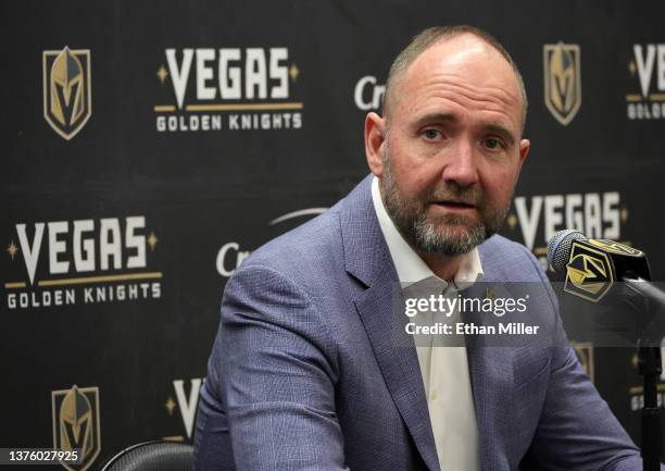 Head coach Peter DeBoer of the Vegas Golden Knights speaks during a news conference after a game against the San Jose Sharks at T-Mobile Arena on...