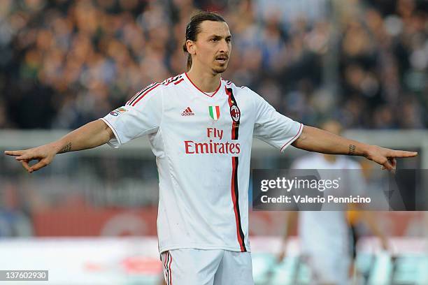 Zlatan Ibrahimovic of AC Milan gestures during the Serie A match between Novara Calcio and AC Milan at Silvio Piola Stadium on January 22, 2012 in...