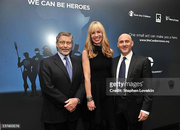 Barry Meyer, Diane Nelson and Jeff Robinov attend the DC Entertainment Launch of "We Can Be Heroes" at Time Warner Center on January 23, 2012 in New...