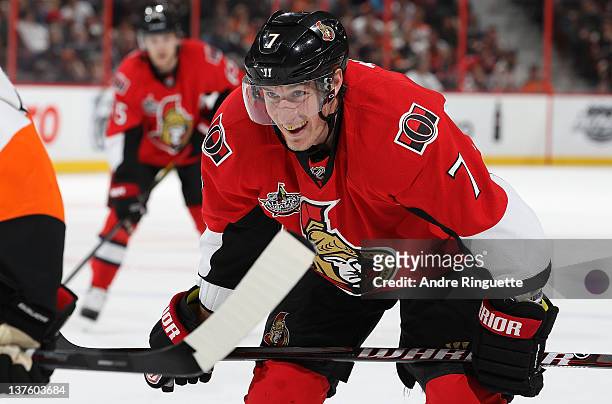 Kyle Turris of the Ottawa Senators smiles before taking a face-off against the Philadelphia Flyers at Scotiabank Place on January 8, 2012 in Ottawa,...