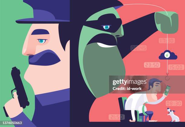 tired man looking at smartphone with hacker phishing behind security guard - tummy time stock illustrations