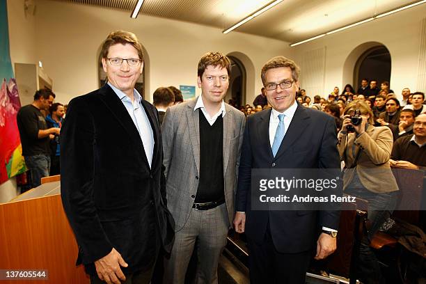 Co-founder of Skype Niklas Zennstroem, Lars Hinrichs, the founder and CEO of XING and Stefan Winners, CEO of TOMORROW FOCUS AG attend the Digital...