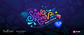 Songkran festival thailand message colorful design, with drawing summer on blue background