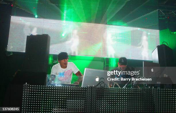 Tommy Lee and DJ Aero perform onstage at a DJ Set by Deadmau5 at Park City Live on January 22, 2012 in Park City, Utah.