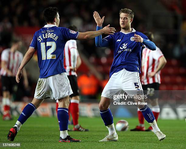 Matt Mills of Leicester City celebrates his goal during the npower Championship match between Southampton and Leicester City at St Mary's Stadium on...