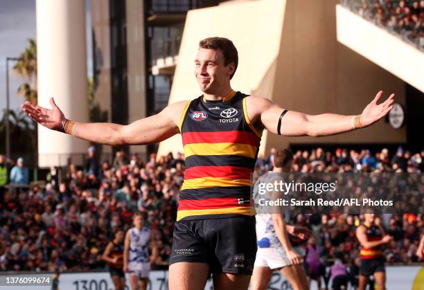 Riley Thilthorpe of the Crows celebrates a goal during the 2023 AFL Round 16 match between the Adelaide Crows and the North Melbourne Kangaroos at...
