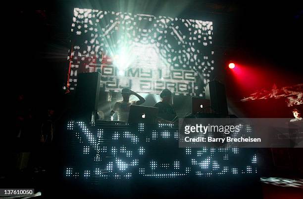 Tommy Lee and DJ Aero perform onstage at a DJ Set by Deadmau5 at Park City Live on January 22, 2012 in Park City, Utah.