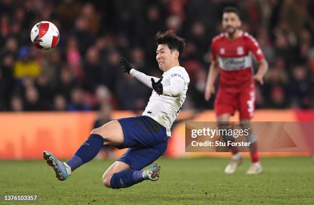 Spurs forward Heung Min Son in action during the Emirates FA Cup Fifth Round match between Middlesbrough and Tottenham Hotspur at Riverside Stadium...