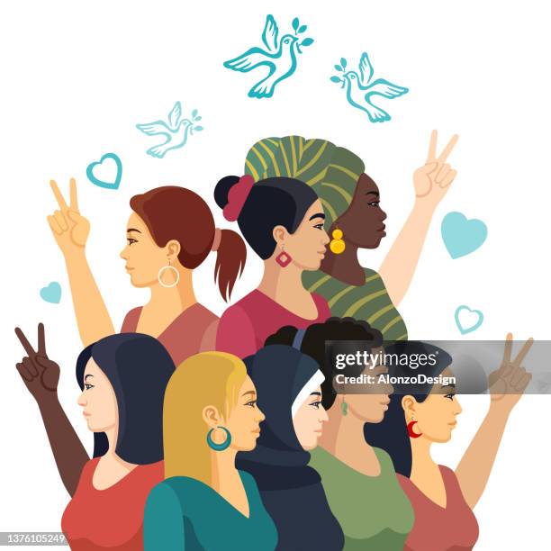 ilustrações de stock, clip art, desenhos animados e ícones de peace design. concept of solidarity. group of women. - dia internacional da mulher