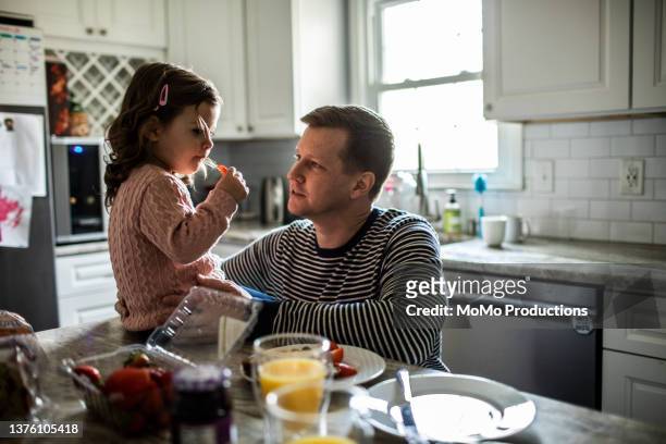 toddler girl feeding her father a strawberry in kitchen - babyhood photos et images de collection